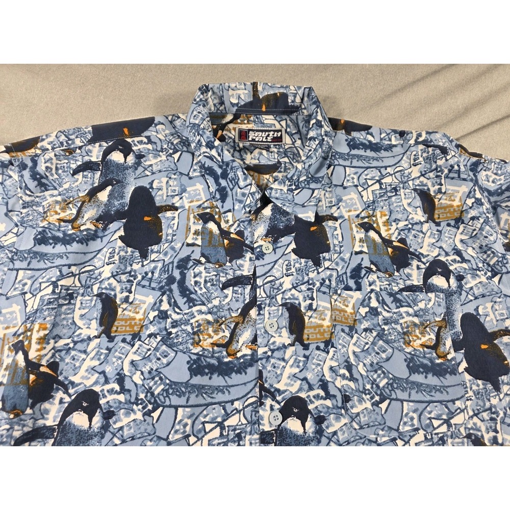 Vtg 90's Southpole Button Up Short Sleeve Shirt Blue All over Print Penguins 2XL